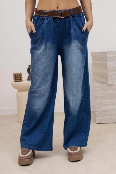 Spodnie jeans przecierane szeroka nogawka – Niebieski, UNI