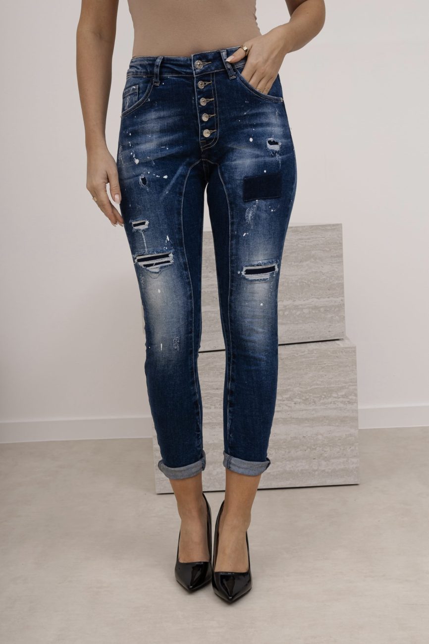 Spodnie jeans przetarcia farba guziki