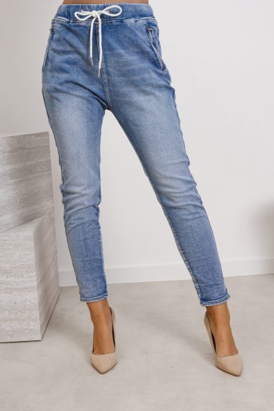 Spodnie jeans sznurówka kieszeń zamek – Niebieski, S