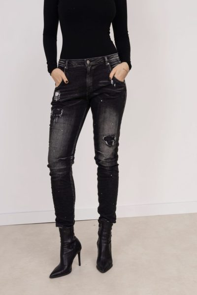Spodnie jeans wycierane łatki – Czarny, L