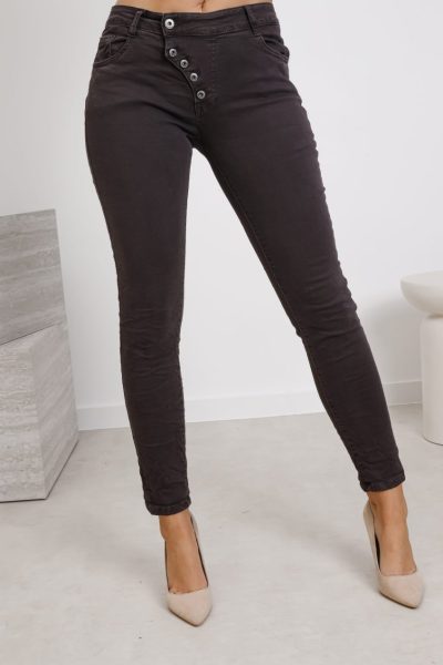 Spodnie jeasn skos guziki – Czekolada, M
