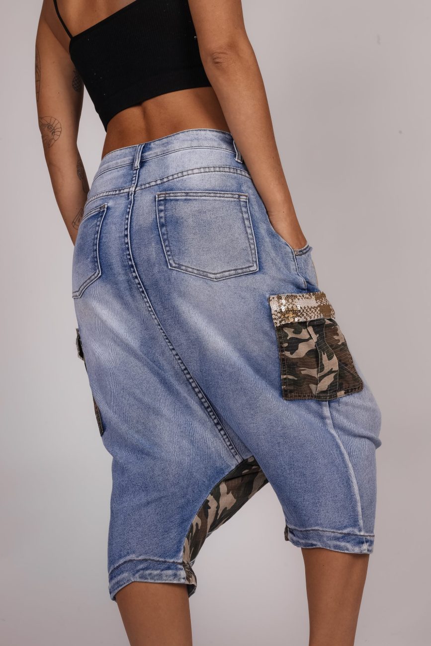 Spodnie kuloty wstawki moro cekiny