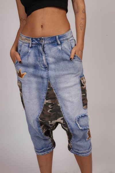 Spodnie kuloty wstawki moro cekiny