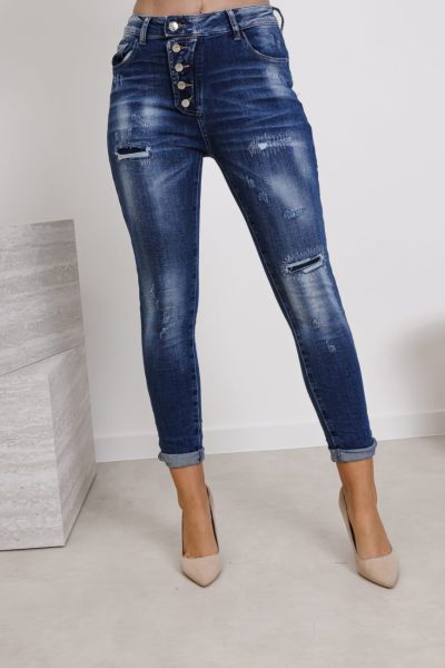 Spodnie przetarcia łatki guziki – Niebieski, XS