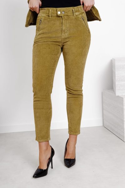 Spodnie sztruks kieszeń zamek – Oliwka, XS