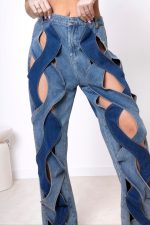 Spodnie wycięte fale – Niebieski, L