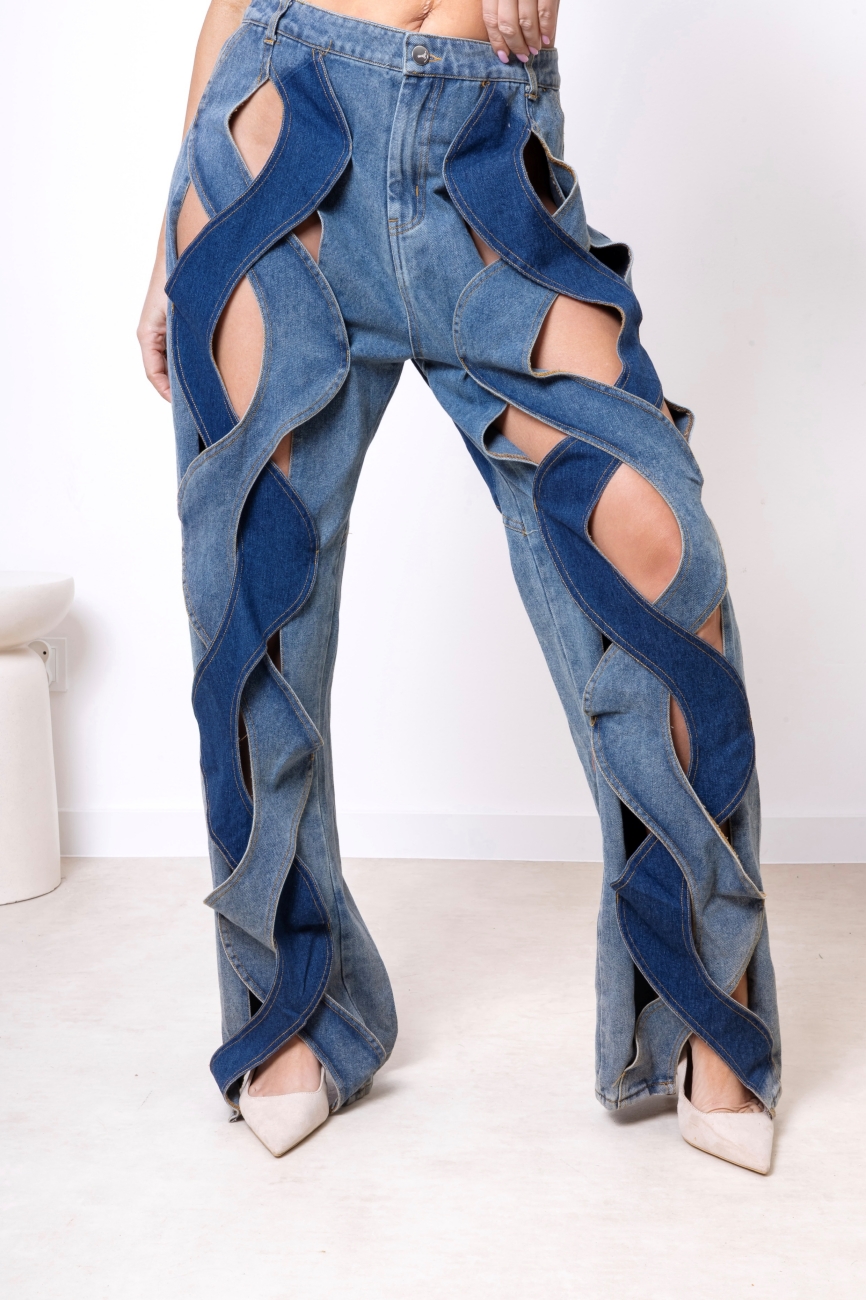 Spodnie wycięte fale – Niebieski, M