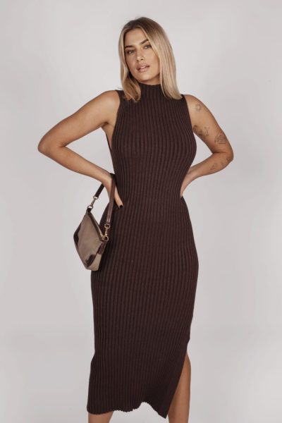 Sukienka dzianina prążek stójka – Czekolada, UNI