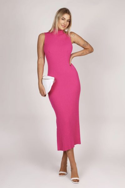 Sukienka dzianina prążek stójka – Fuksja, UNI