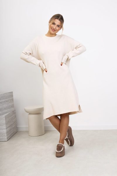 Sukienka dzianina prosta gładka – Ecru, UNI