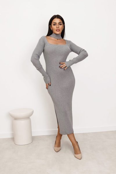Sukienka dzianinowa wycięcie dekolt – Szary, UNI