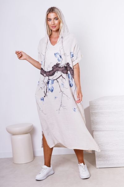 Sukienka kaptur drzewo motyle – Beż, UNI