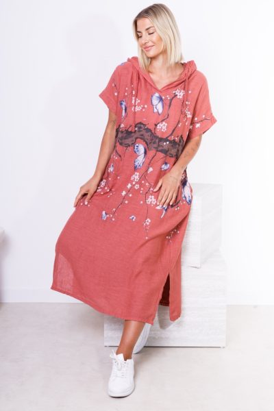 Sukienka kaptur drzewo motyle – Brudny róż, UNI