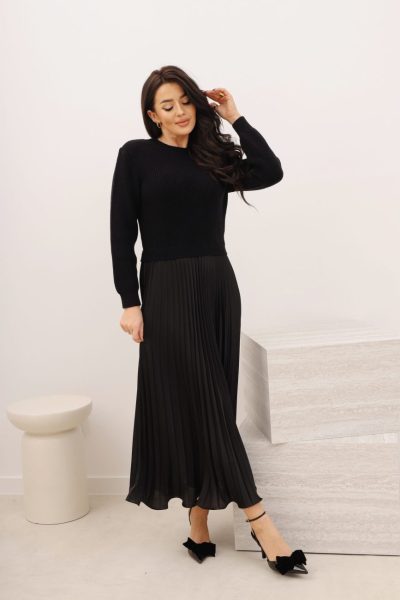 Sukienka plisowana góra sweter – Czarny, UNI
