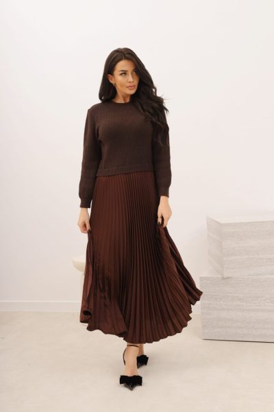 Sukienka plisowana góra sweter – Czekolada, UNI