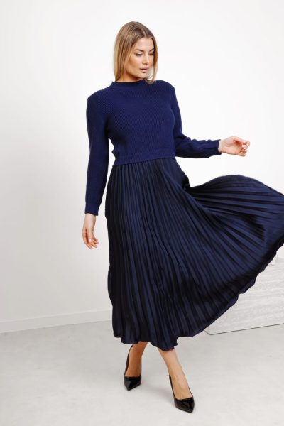 Sukienka plisowana góra sweter – Granat, UNI