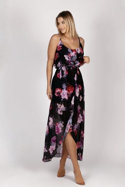 Sukienka ramiączka dekolt falbanka kwiaty – UNI, Czarny
