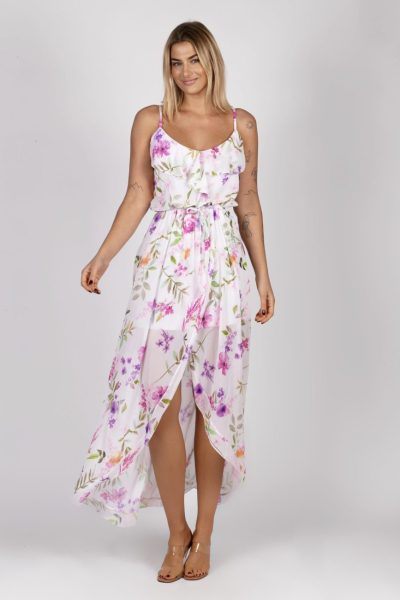 Sukienka ramiączka dekolt falbanka kwiaty