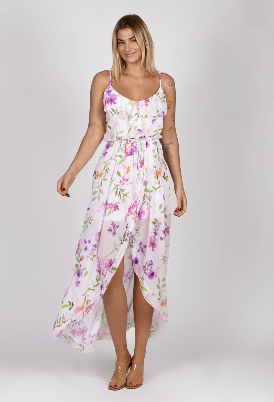 Sukienka ramiączka dekolt falbanka kwiaty