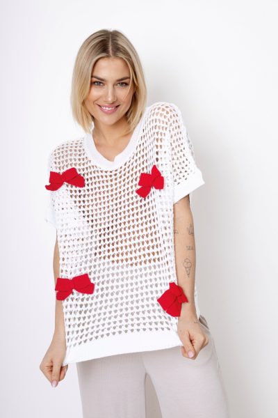 Sweter ażurek kokardki – Biały, UNI