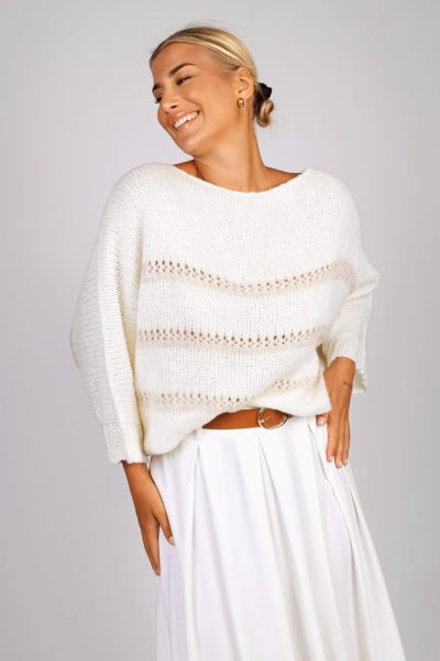 Sweter ażurkowe  paski – UNI, Ecru