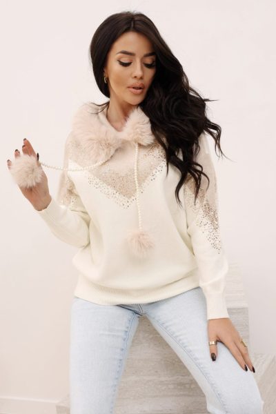Sweter cekiny kaptur futerko – Beż, UNI