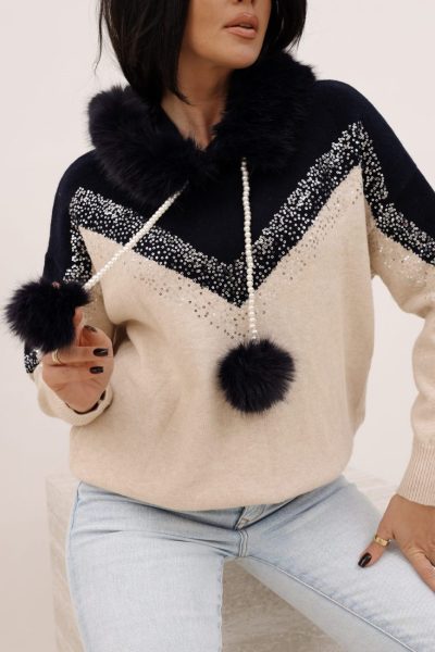 Sweter cekiny kaptur futerko – Granat, UNI