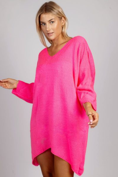 Sweter dwustronny dekolt rogi – UNI, Róż neon