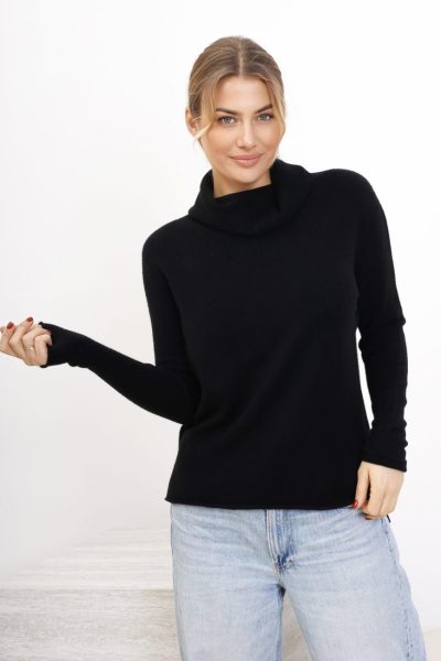 Sweter dzianina golf krótszy przód – Czarny, UNI