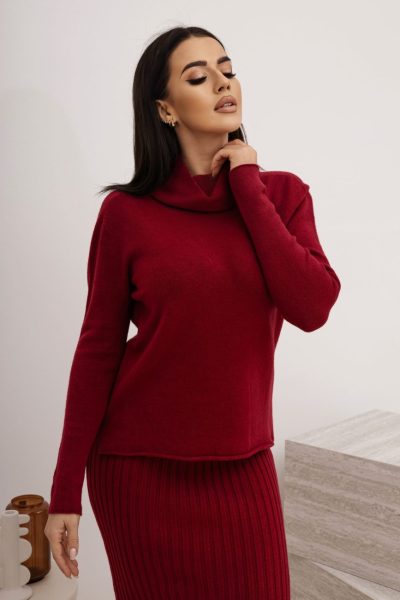 Sweter dzianina golf krótszy przód – Wino, UNI