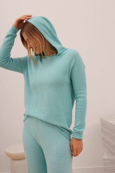 Sweter dzianina kaptur – Turkus, UNI