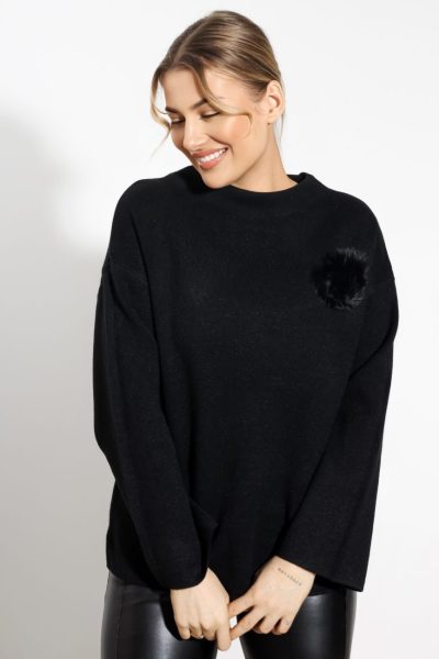 Sweter dzianina pomponik – Czarny, UNI