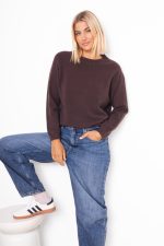Sweter gładki dekolt ściągacz – Czekolada, UNI