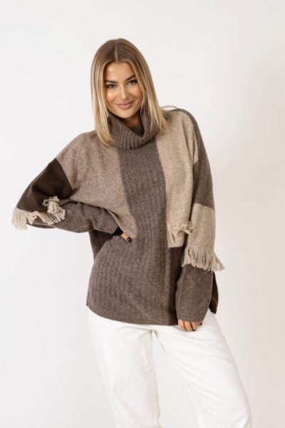 Sweter golf szarpane wstawki – UNI, Czekolada