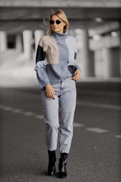 Sweter golf szarpane wstawki – UNI, Szary