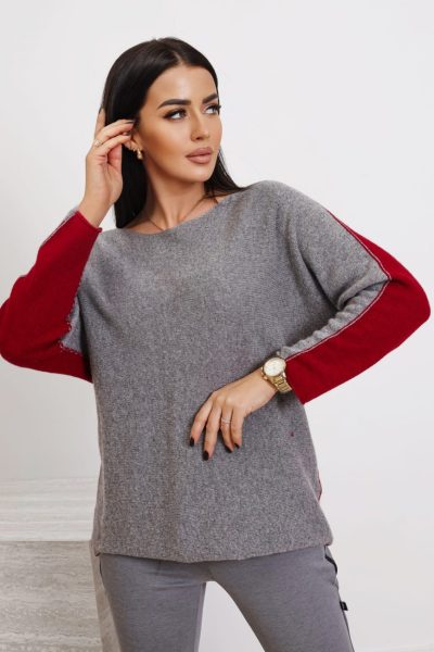 Sweter kaszmir dwukolorowy – Szary/wino, UNI