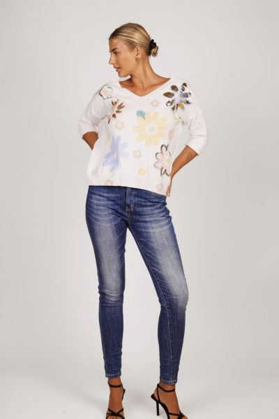 Sweter kwiaty złocono/srebrzone – UNI, Ecru