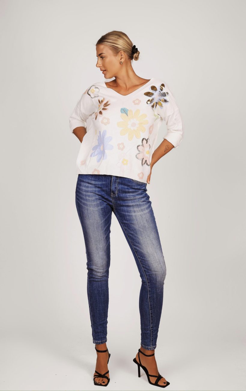 Sweter kwiaty złocono/srebrzone