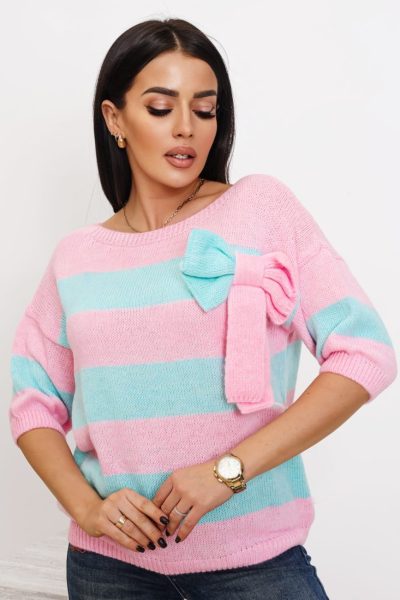 Sweter pasy kokarda – Różowy, UNI
