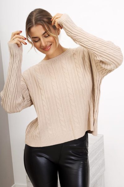 Sweter prążek warkoczyki – Beż, UNI