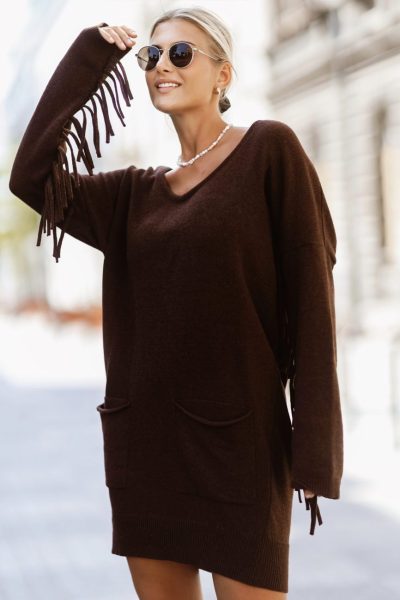 Sweter rękaw frędzle – UNI, Czekolada