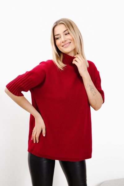 Sweter stójka krótki rękaw ściągacz – Bordo, UNI