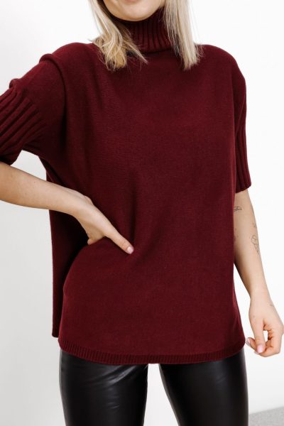 Sweter stójka krótki rękaw ściągacz – Wino, UNI
