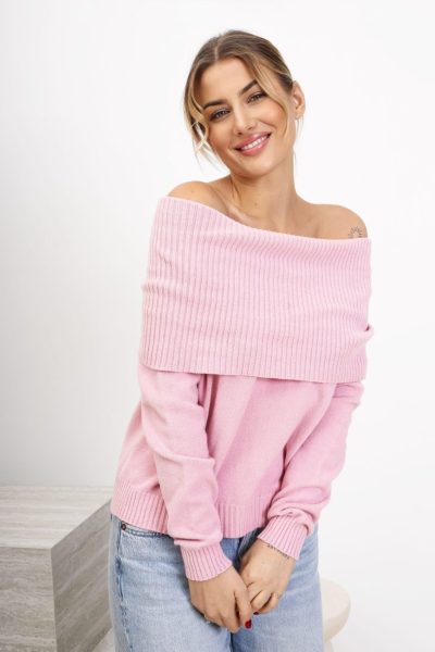 Sweter szeroki komin wywijany prążek – Puder, UNI