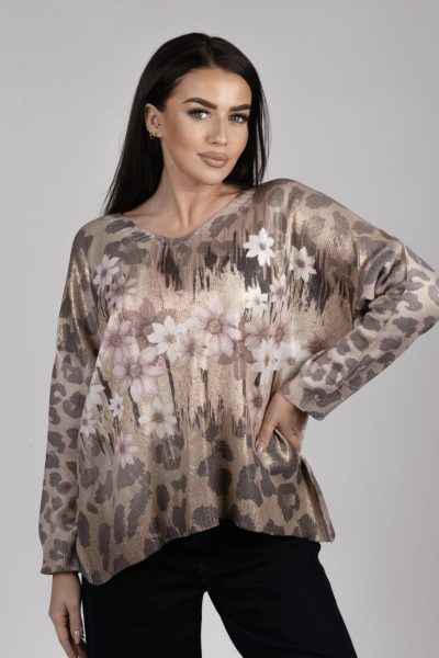 Sweter złocony kwiatki ciapki – Beż, UNI