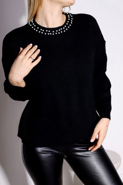 Sweterek dekolt perełki – Czarny, UNI