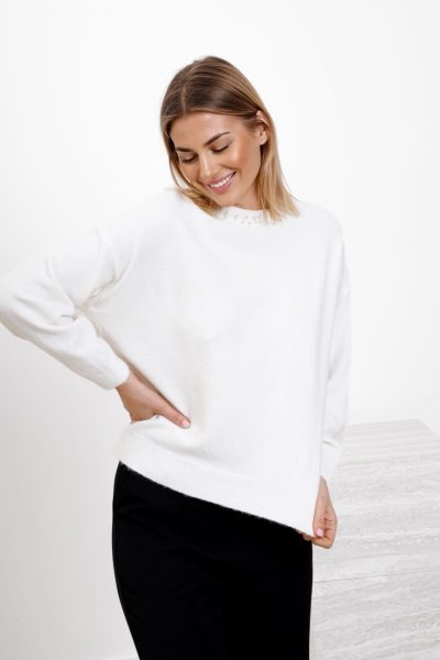 Sweterek dekolt perełki – Ecru, UNI