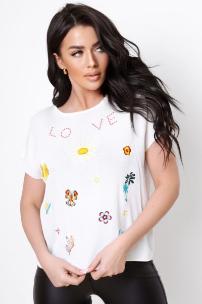 Sweterek siateczka love kolorowe znaczki – Ecru, UNI