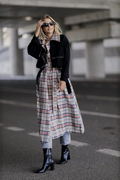 Płaszcz długi trencz krata – UNI, Czarny