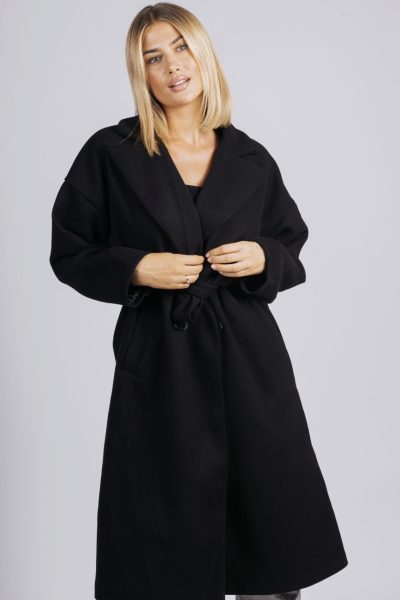Płaszcz długi wiązany 4guziki – UNI, Czarny